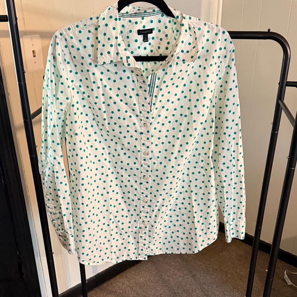 Talbots White Blouse with Teal Polka Dots size L